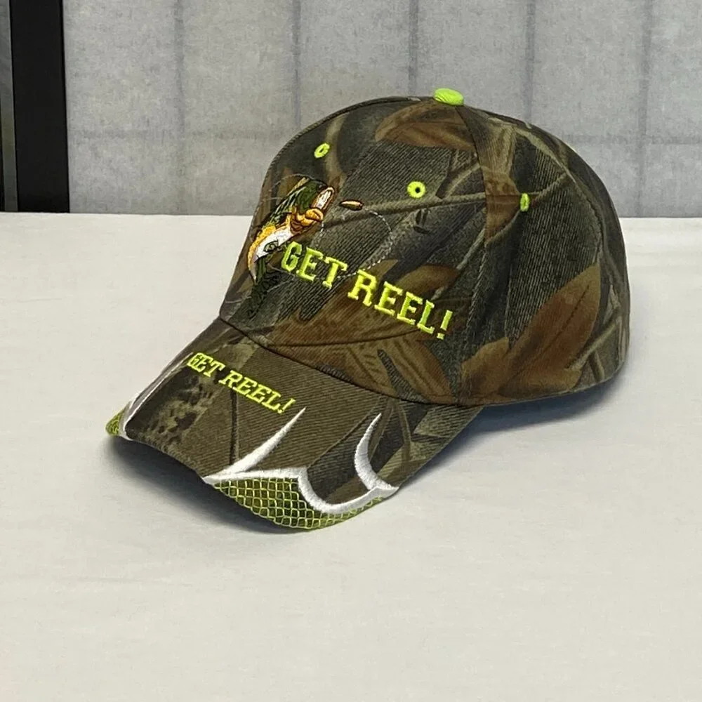 KYS Design Get Reel Embroider Fishing Cap Camouflage Leaf Pattern Baseball Hat